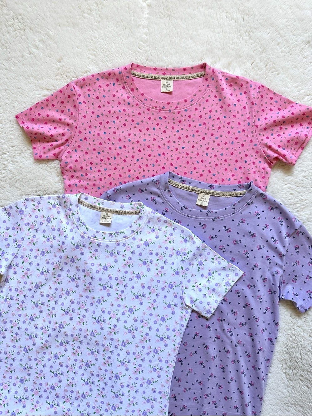 Hello Athenas Womens 3Pack Floral Pima Cotton T-shirts— White, Lavender, Pink S